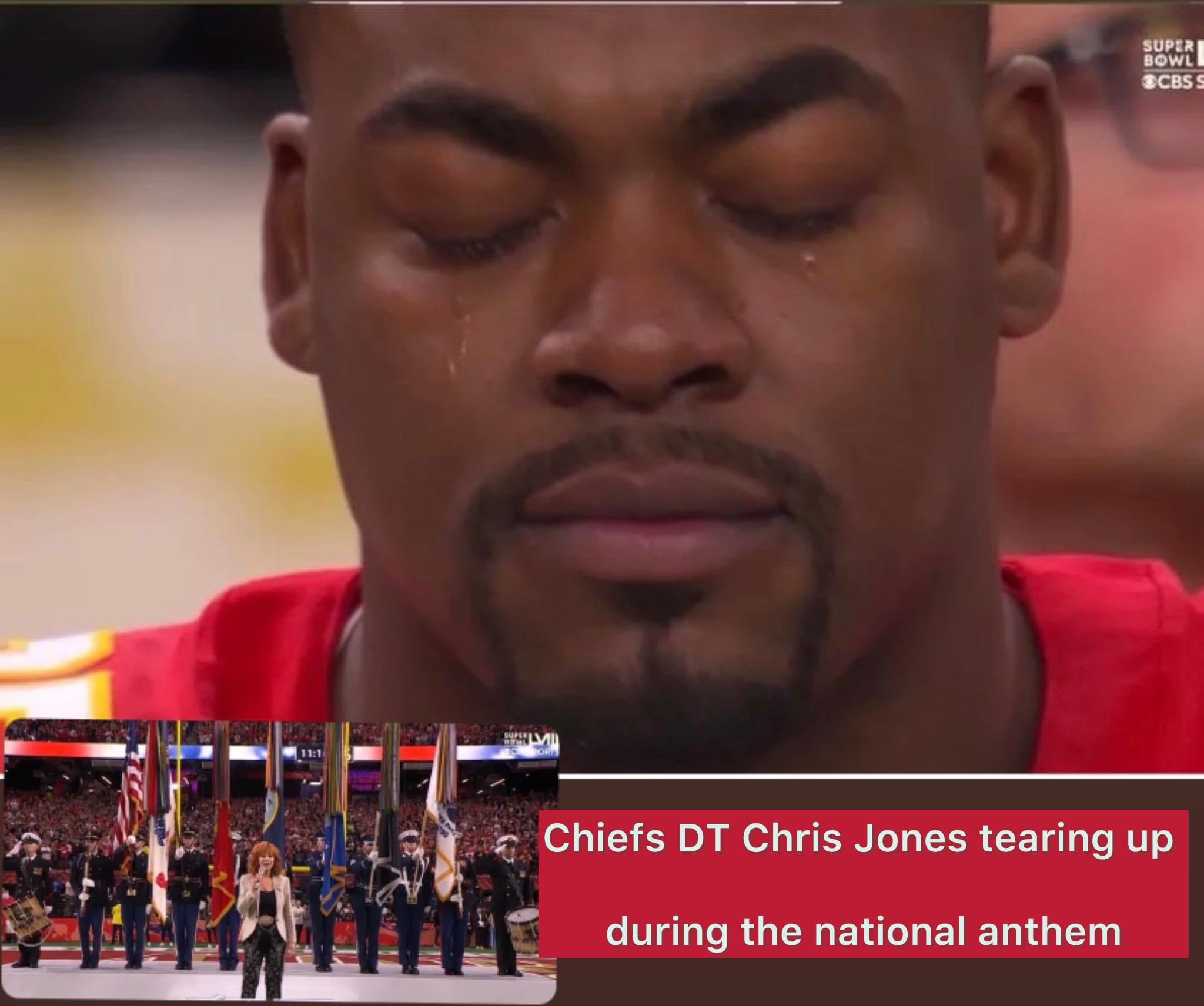 Chiefs DT Chris Jones tearing up during the national anthem